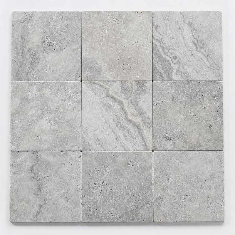 Silver Travertine Paver 12x12 Tumbled 1.25 inch close-up