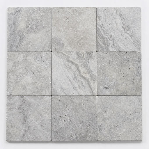 Silver Travertine Paver 12x12 Tumbled 1.25 inch close-up