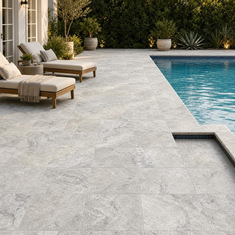 Silver Travertine Paver | Unfilled Chiseled | Grey | 12x12 in — Backyard pool deck