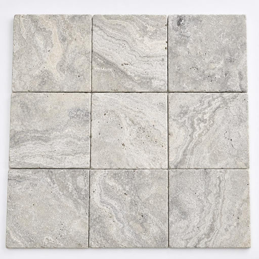 Silver Travertine Paver | Unfilled Chiseled | Grey | 12x12 in close-up