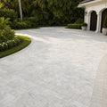 Silver Travertine Paver | Unfilled Chiseled | Grey | 12x12 in — Front Yard driveway