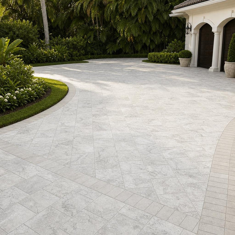 Silver Travertine Paver | Unfilled Chiseled | Grey | 12x12 in — Front Yard driveway