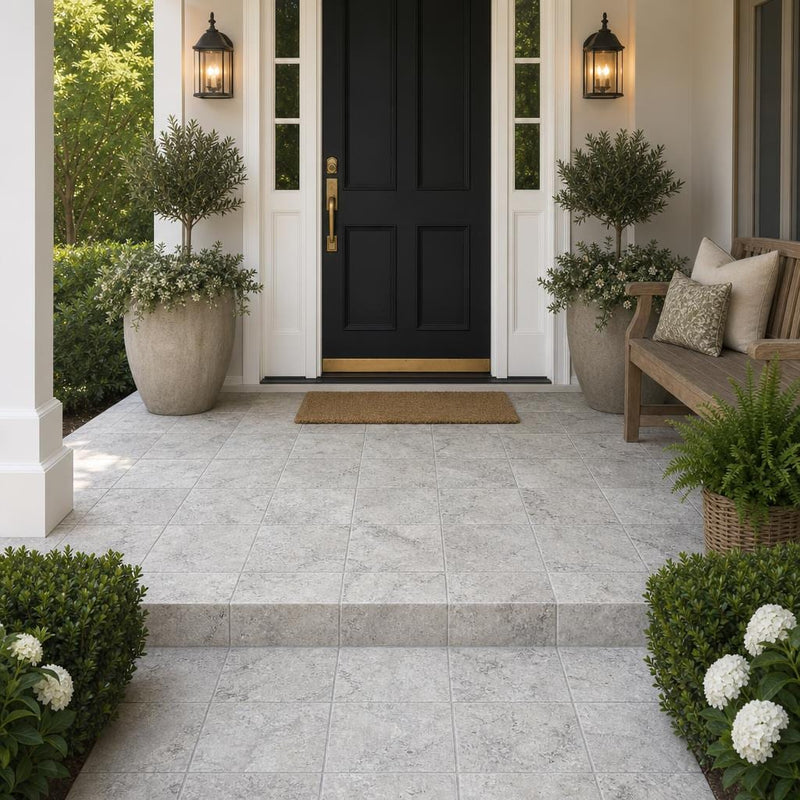 Silver Travertine Paver | Unfilled Chiseled | Grey | 12x12 in — Front Yard front porch