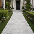 Silver Travertine Paver | Unfilled Chiseled | Grey | 12x12 in — Front Yard walkway