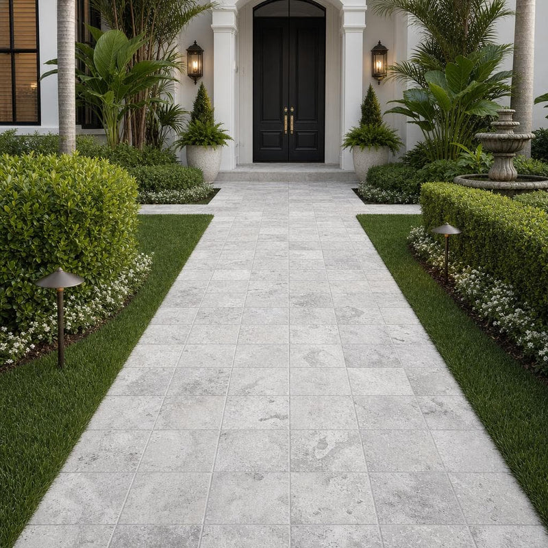Silver Travertine Paver | Unfilled Chiseled | Grey | 12x12 in — Front Yard walkway