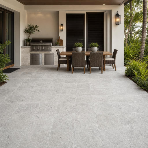 Silver Travertine Paver 12x12 Unfilled Chiseled 2 inch — Backyard patio