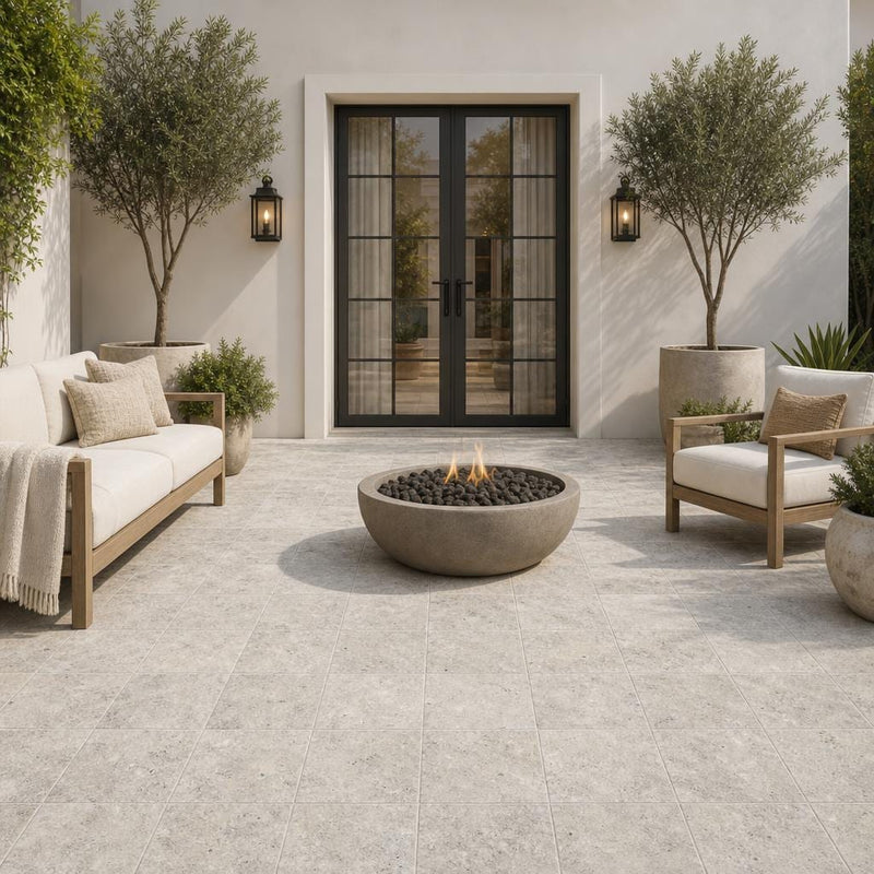 Silver Travertine Paver 12x12 Unfilled Chiseled 2 inch — Courtyard paving