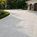 Silver Travertine Paver 12x12 Unfilled Chiseled 2 inch — Front Yard driveway