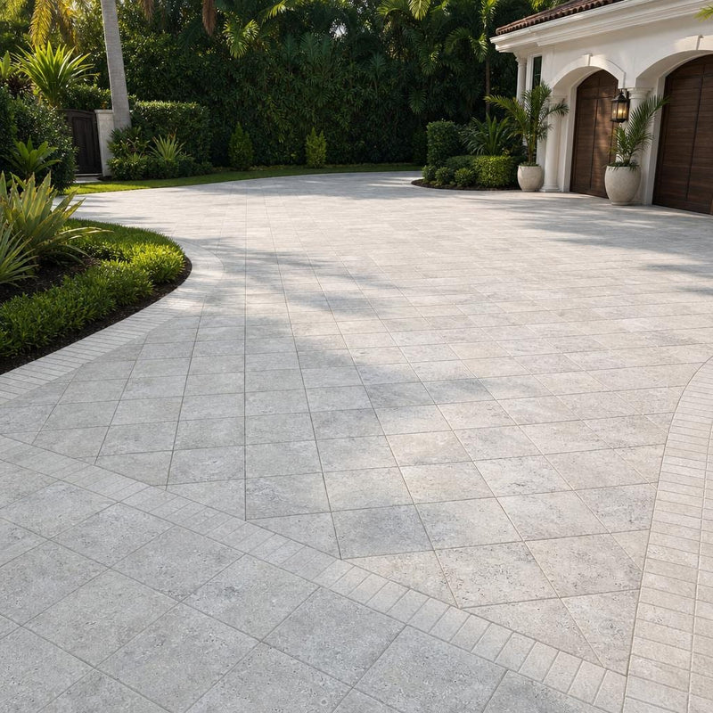 Silver Travertine Paver 12x12 Unfilled Chiseled 2 inch — Front Yard driveway