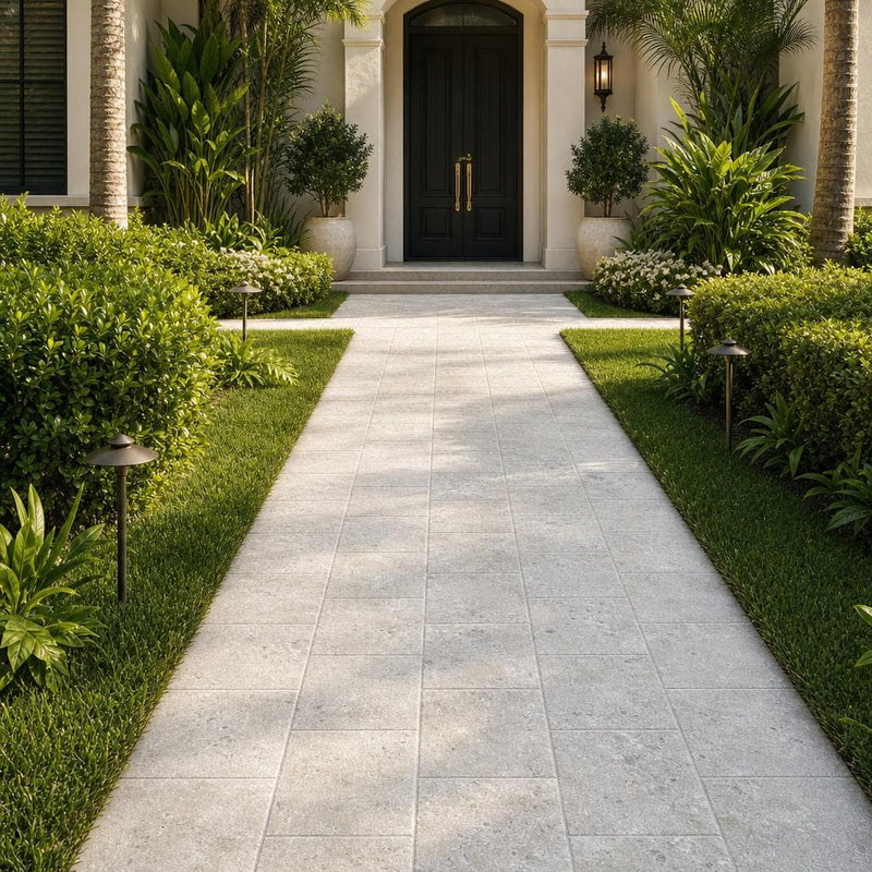 Silver Travertine Paver 12x12 Unfilled Chiseled 2 inch — Front Yard walkway