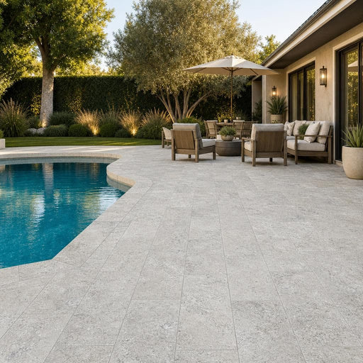 Silver Travertine Paver 12x24 Tumbled 1.25 inch — Backyard pool deck