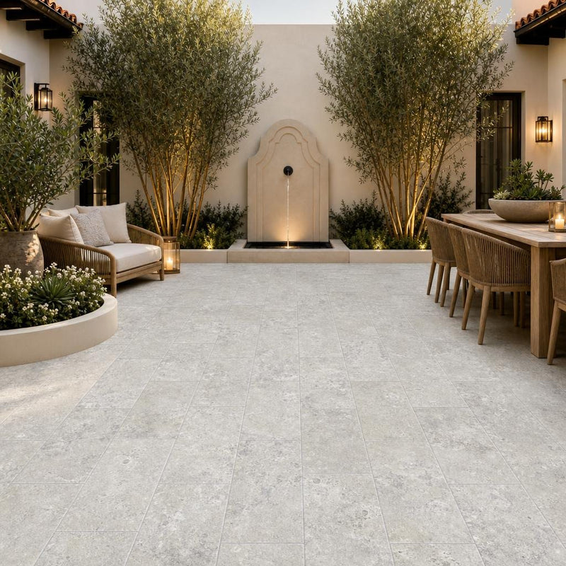 Silver Travertine Paver 12x24 Tumbled 1.25 inch — Courtyard paving