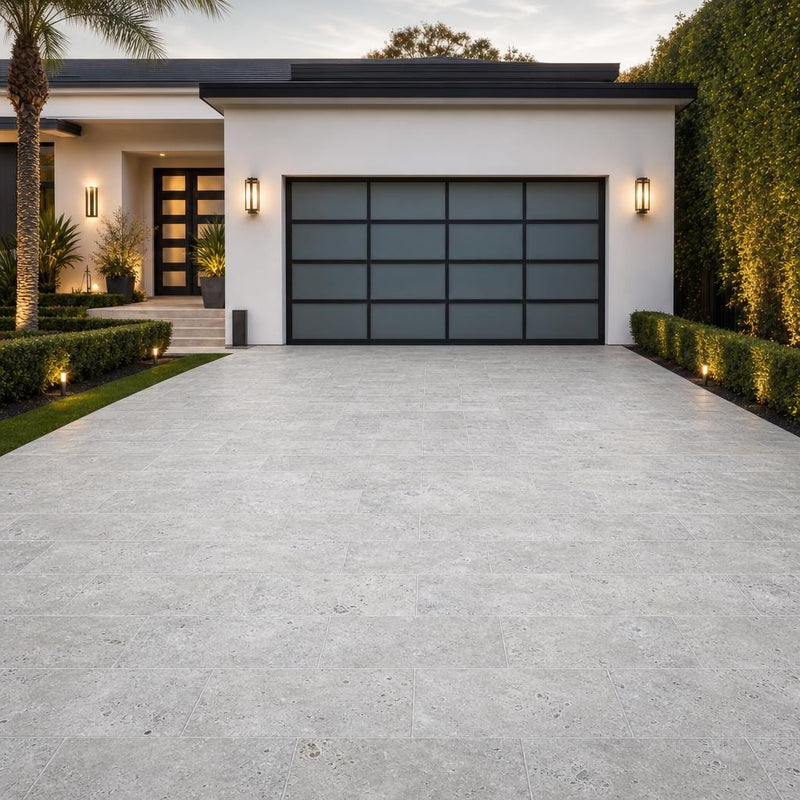 Silver Travertine Paver 12x24 Tumbled 1.25 inch — Front Yard driveway