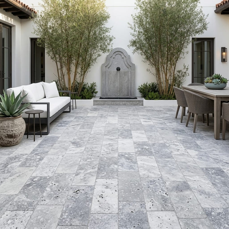 Silver Travertine Paver 12x24 Tumbled 2 inch — Courtyard paving
