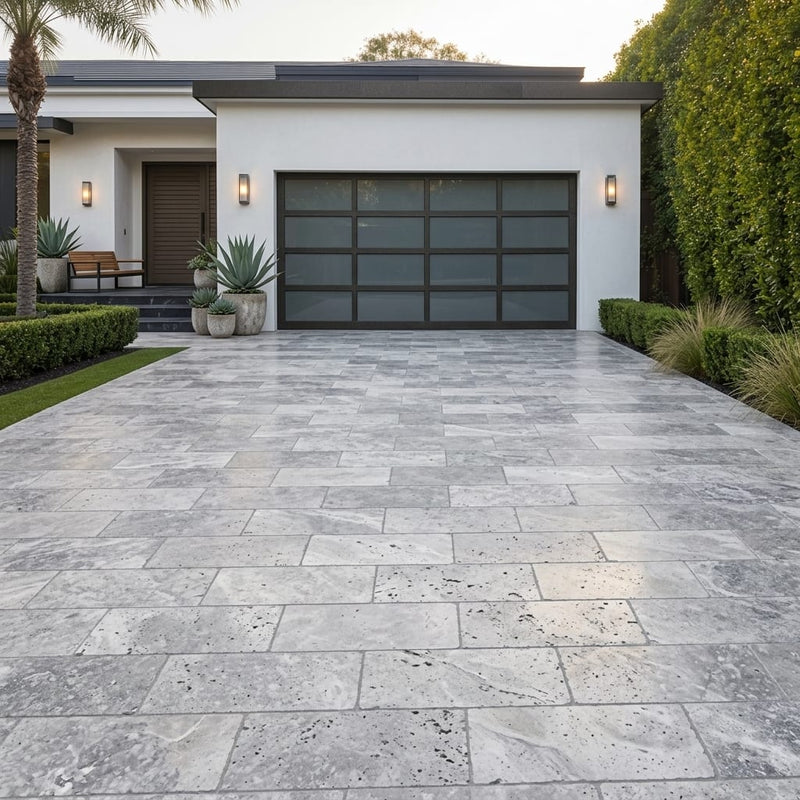 Silver Travertine Paver 12x24 Tumbled 2 inch — Front Yard driveway