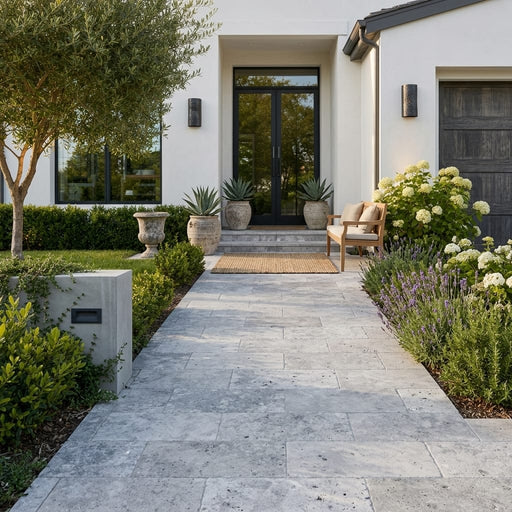 Silver Travertine Paver 12x24 Tumbled 2 inch — Front Yard walkway