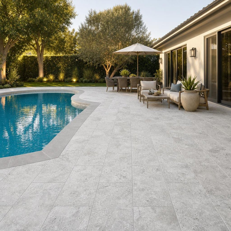 Silver Travertine Paver 12x24 Unfilled, Honed 2 inch — Backyard pool deck