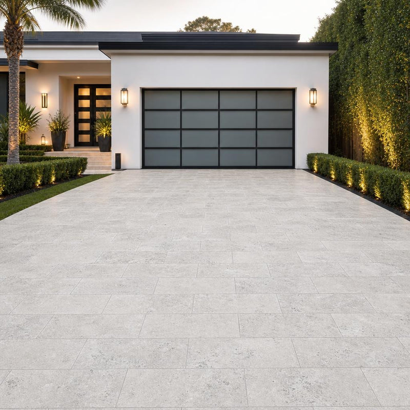Silver Travertine Paver 12x24 Unfilled, Honed 2 inch — Front Yard driveway