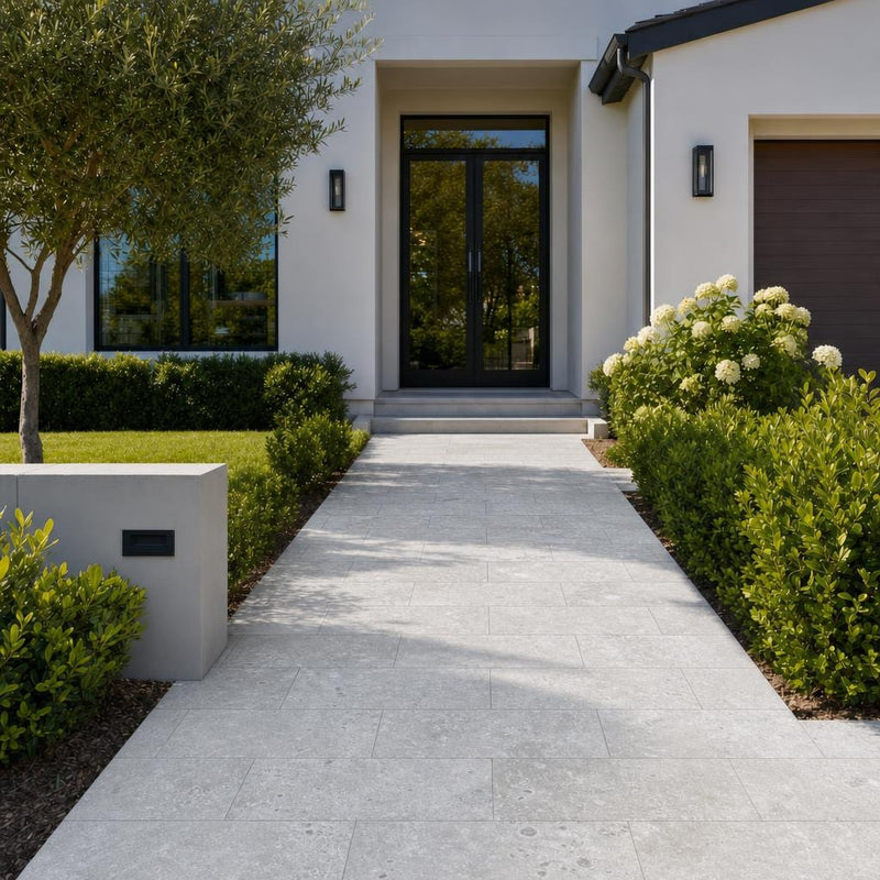 Silver Travertine Paver 12x24 Unfilled, Honed 2 inch — Front Yard walkway