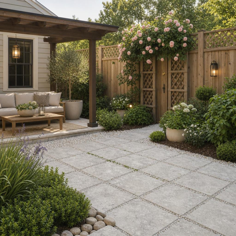 Silver Travertine Paver 16x16 Tumbled 1.25 inch — Backyard patio