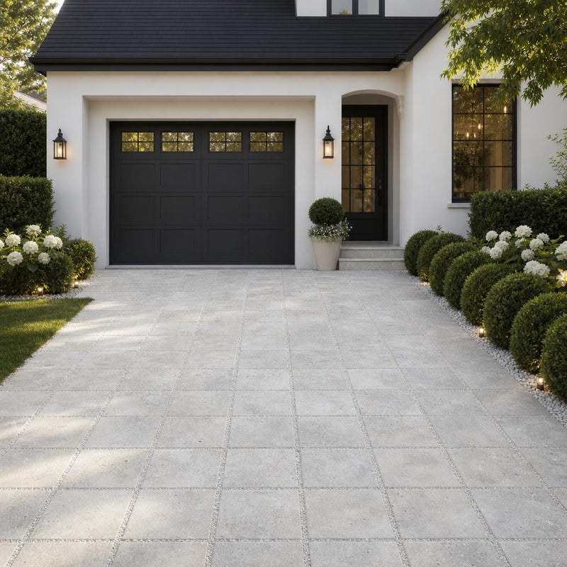Silver Travertine Paver 16x16 Tumbled 1.25 inch — Front Yard driveway
