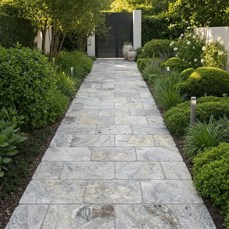 Silver Travertine Paver 16x24 Tumbled 1.25 inch — Garden path