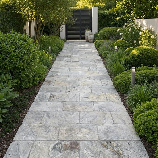 Silver Travertine Paver 16x24 Tumbled 1.25 inch — Garden path
