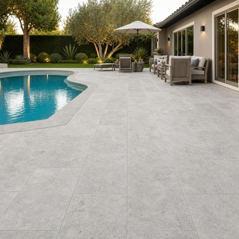 Silver Travertine Paver 16x24 Tumbled 2 inch — Backyard pool deck