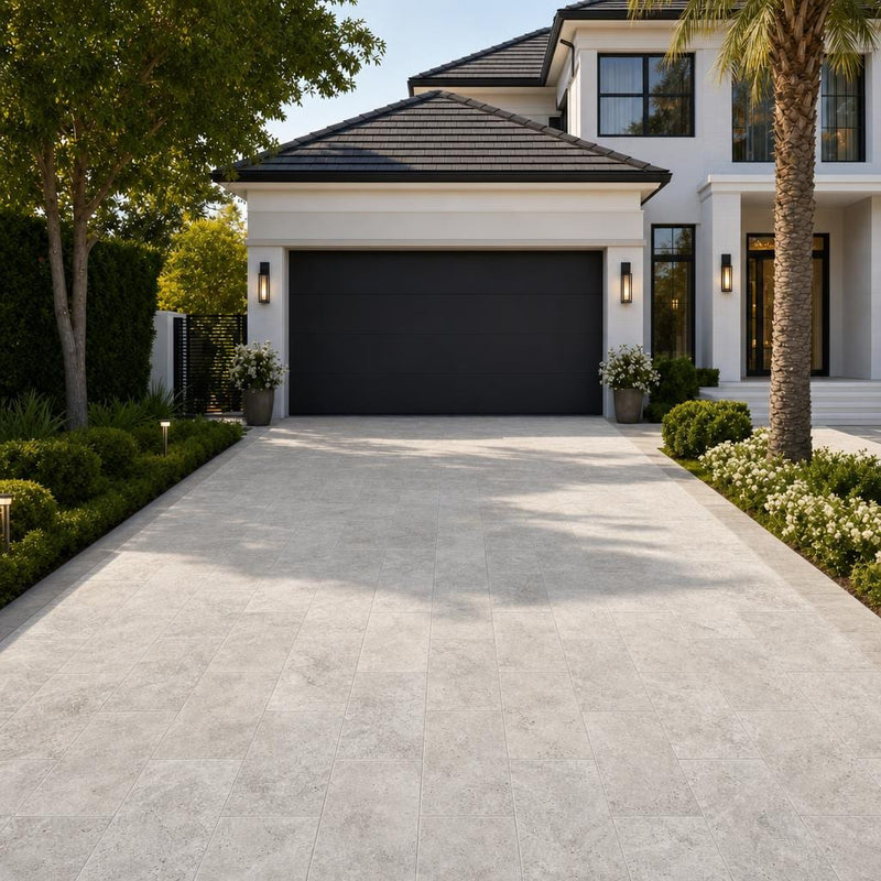 Silver Travertine Paver 16x24 Tumbled 2 inch — Front Yard driveway