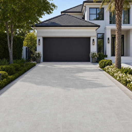 Silver Travertine Paver 16x24 Unfilled, Honed Beveled 2 inch — Front Yard driveway