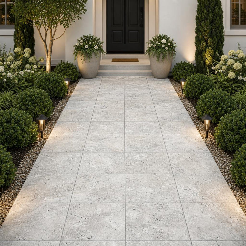 Silver Travertine Paver 18x18 Tumbled 1.25 inch — Front Yard walkway