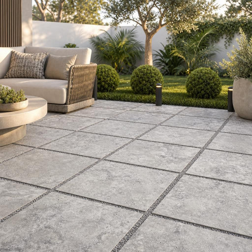 Silver Travertine Paver 24x24 Tumbled 1.25 inch — Backyard patio