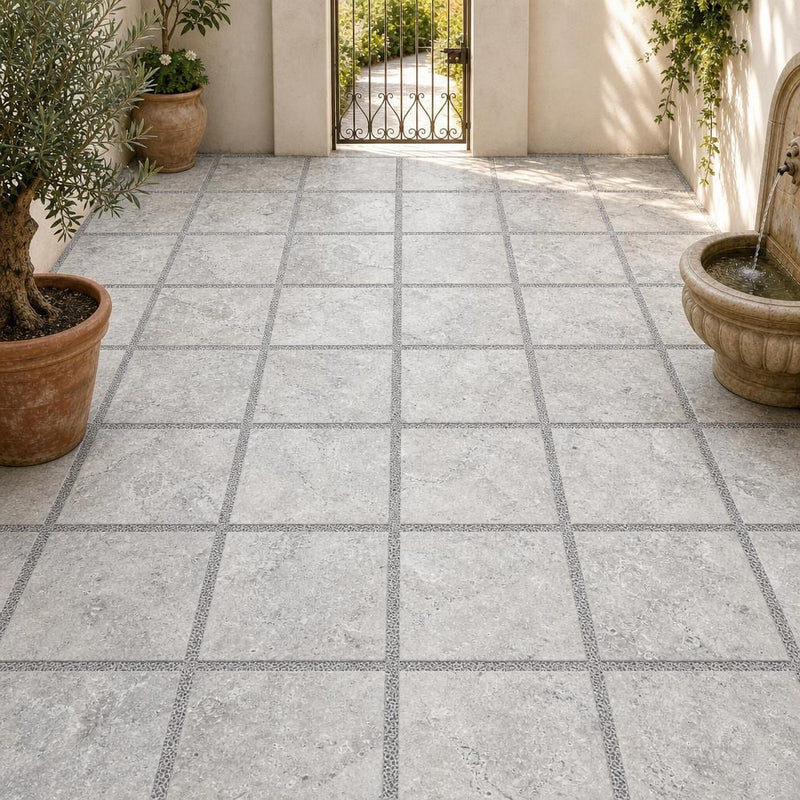 Silver Travertine Paver 24x24 Tumbled 1.25 inch — Courtyard paving