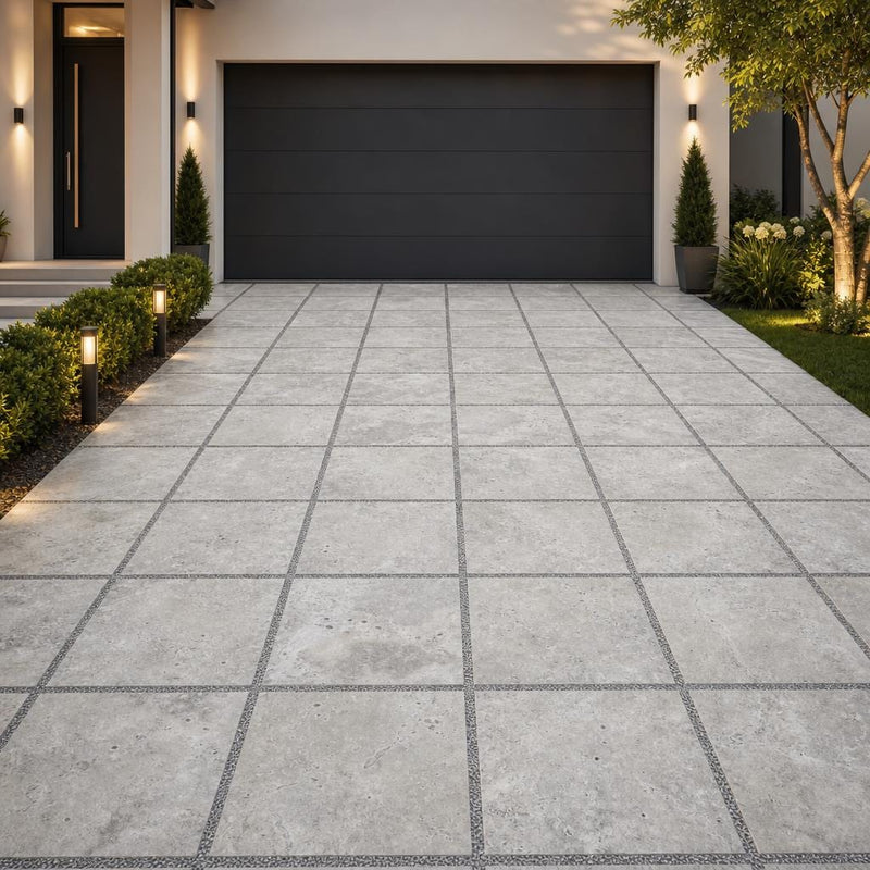 Silver Travertine Paver 24x24 Tumbled 1.25 inch — Front Yard driveway