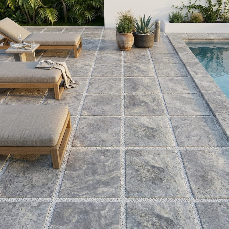 Silver Travertine Paver 24x24 Tumbled 1.25 inch — Backyard pool deck