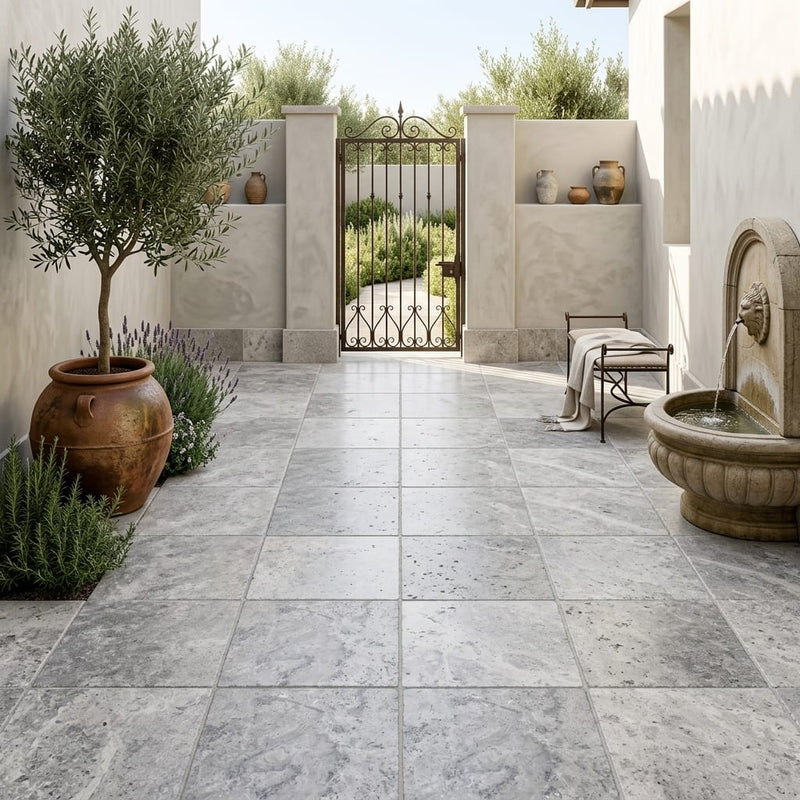 Silver Travertine Paver 24x24 Tumbled 1.25 inch — Courtyard paving