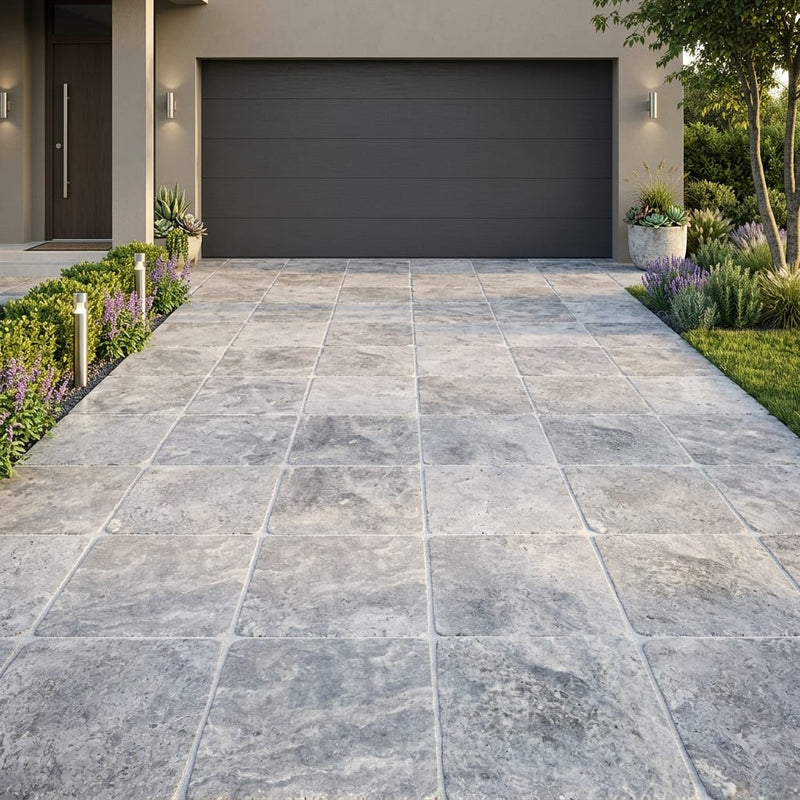 Silver Travertine Paver 24x24 Tumbled 1.25 inch — Front Yard driveway