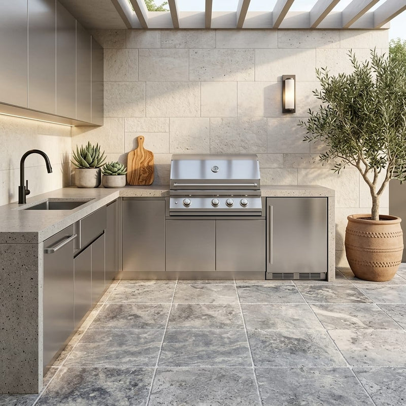 Silver Travertine Paver 24x24 Tumbled 1.25 inch — Outdoor Kitchen floor