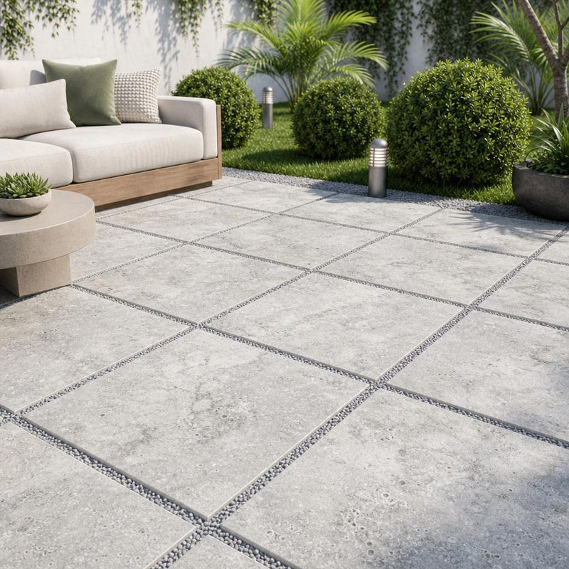 Silver Travertine Paver 24x24 Tumbled 2 inch — Backyard patio