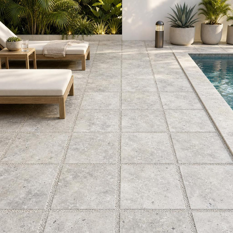 Silver Travertine Paver 24x24 Tumbled 2 inch — Backyard pool deck