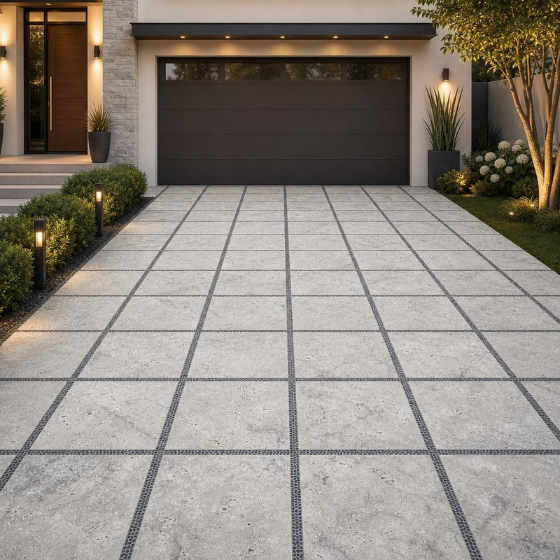 Silver Travertine Paver 24x24 Tumbled 2 inch — Front Yard driveway
