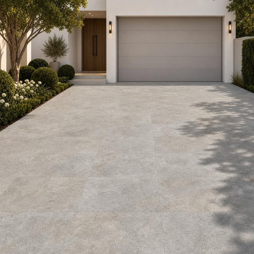 Silver Travertine Paver 24x36 Tumbled 1.25 inch — Front Yard driveway