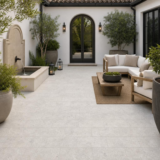 Silver Travertine Paver 6x12 Tumbled 1.25 inch — Courtyard paving