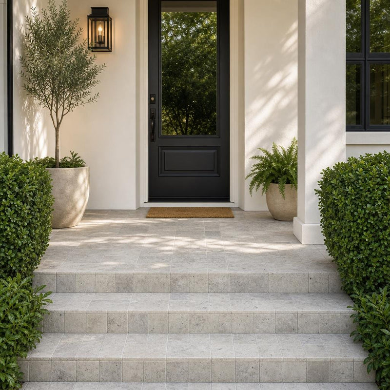Silver Travertine Paver 6x6 Tumbled 1.25 inch — Front Yard front porch
