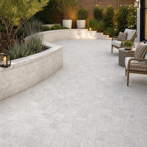 Solidshape Silver Travertine 6x6 Unfilled Chiseled Paver — Backyard patio