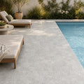 Solidshape Silver Travertine 6x6 Unfilled Chiseled Paver — Backyard pool deck