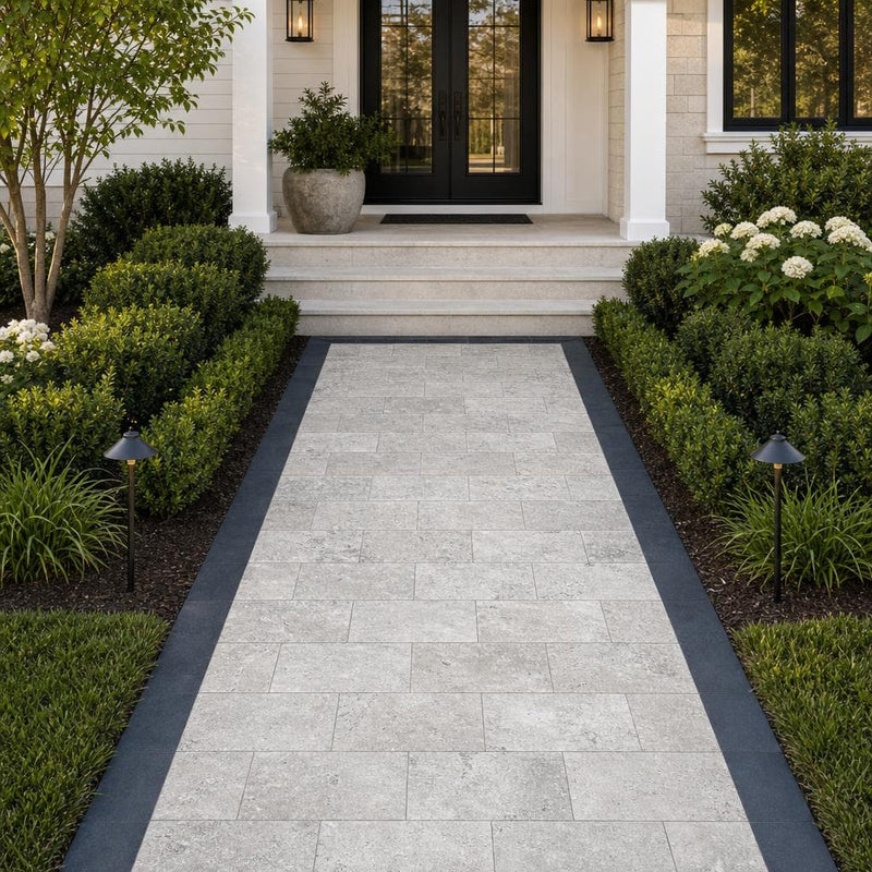 Silver Travertine Paver 8x16 Tumbled 1.25 inch — Front Yard walkway