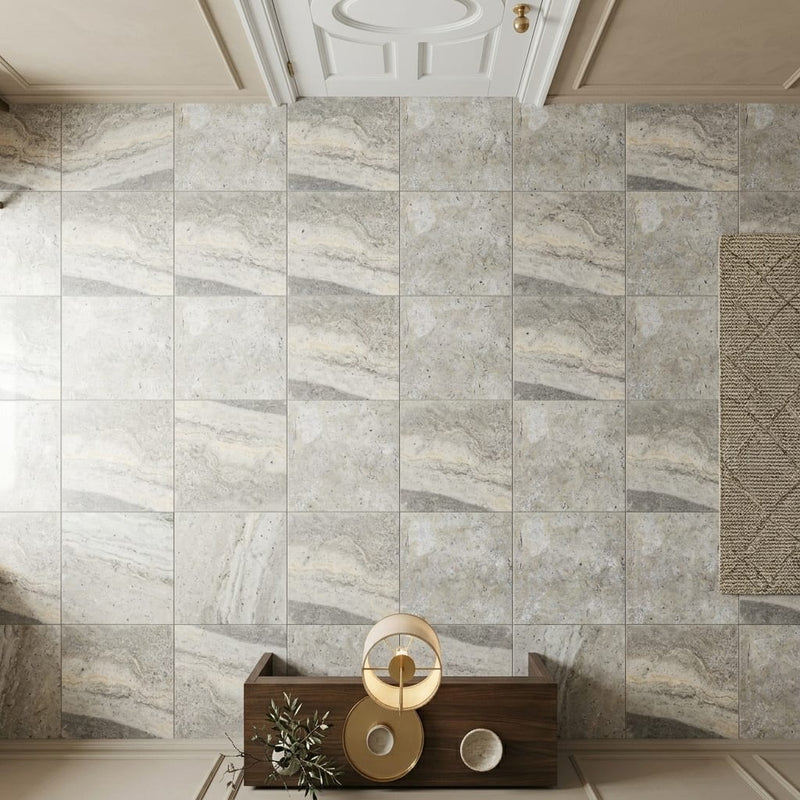 Silver Travertine Tile 12x12 Filled, Honed — Hallway floor
