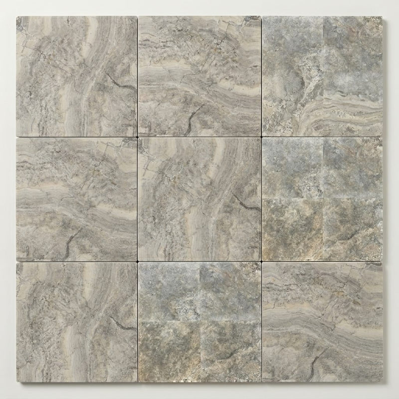 Silver Travertine Tile 12x12 Honed, Filled close-up