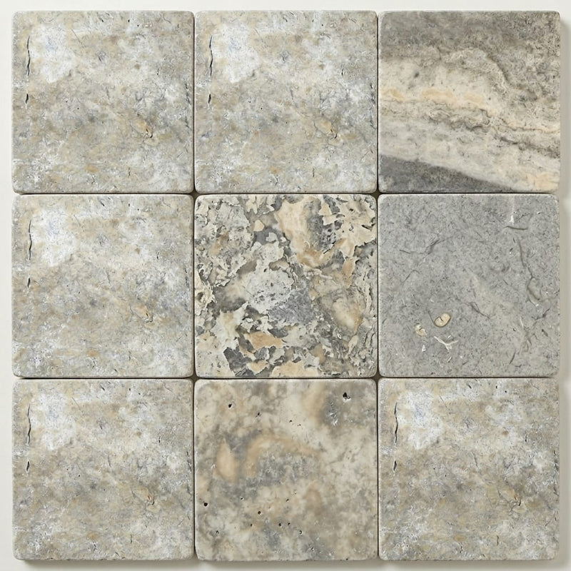 Silver Travertine Tile 12x12 Tumbled close-up